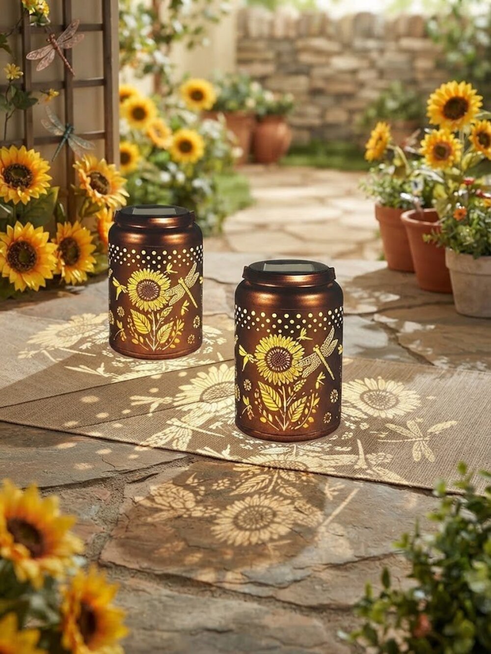 2 Pk Sunflowers Solar Lanterns Outdoor Waterproof Garden Decor | Metal Hanging